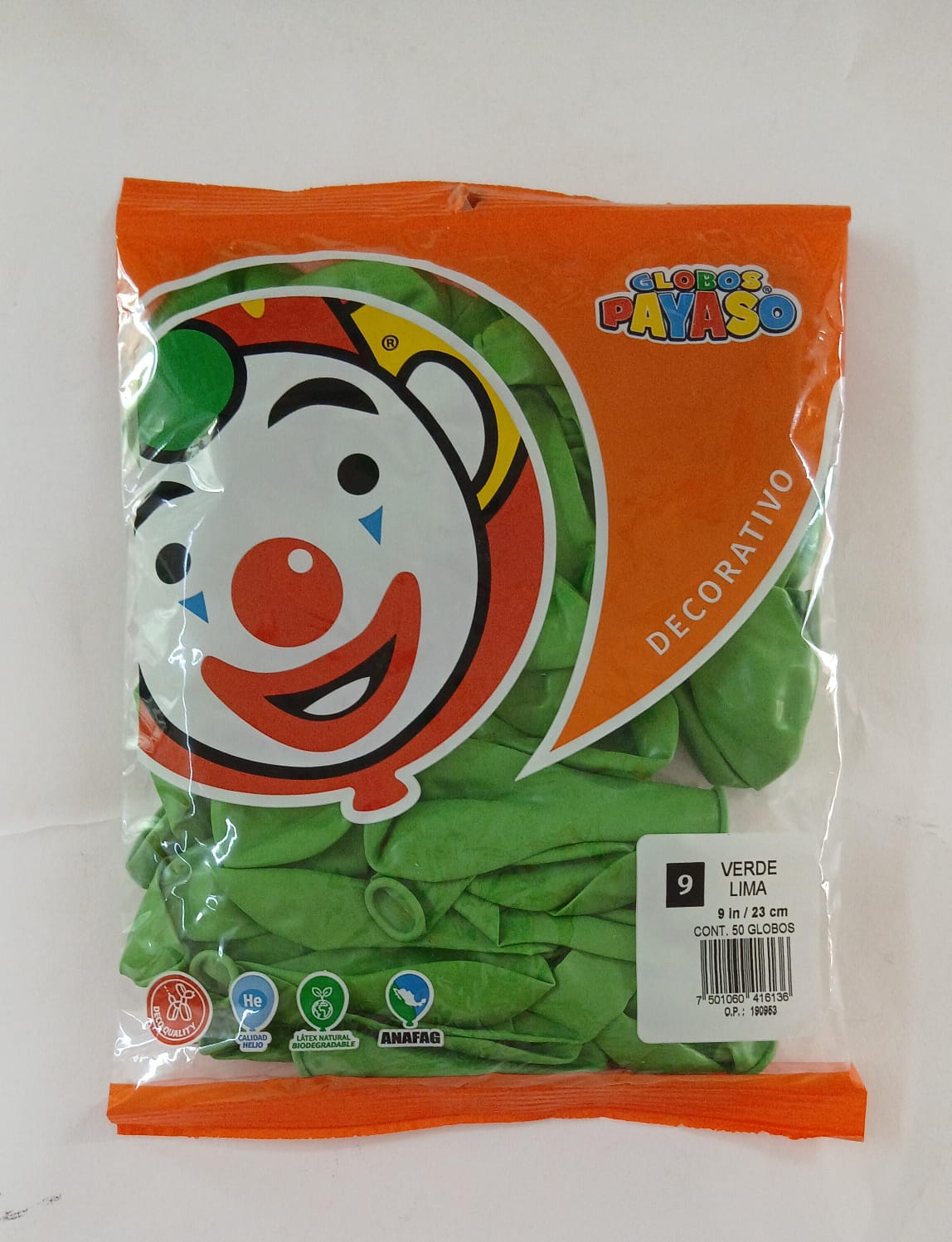 GLOBO PAYASO #9 VERDE LIMA DECORATOR 50 PZAS