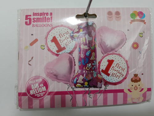 1 UNO MI PRIMER AÑO NIÑA  SET 5 GLOBOS METÁLICOS