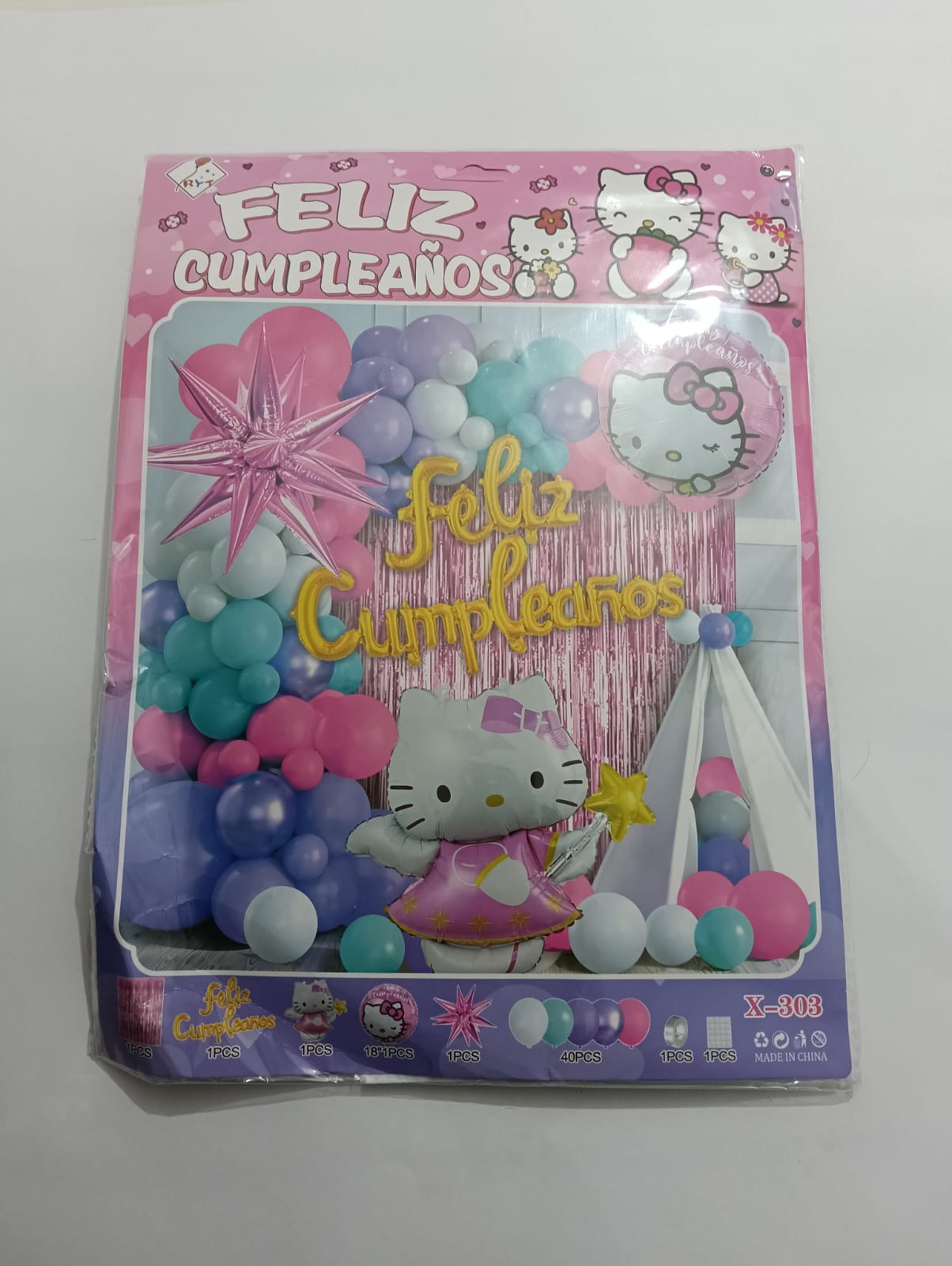 KITTY ARCO COMPLETO FELIZ CUMPLEAÑOS PERSONAJE (ROSA, AZUL, DORADO)