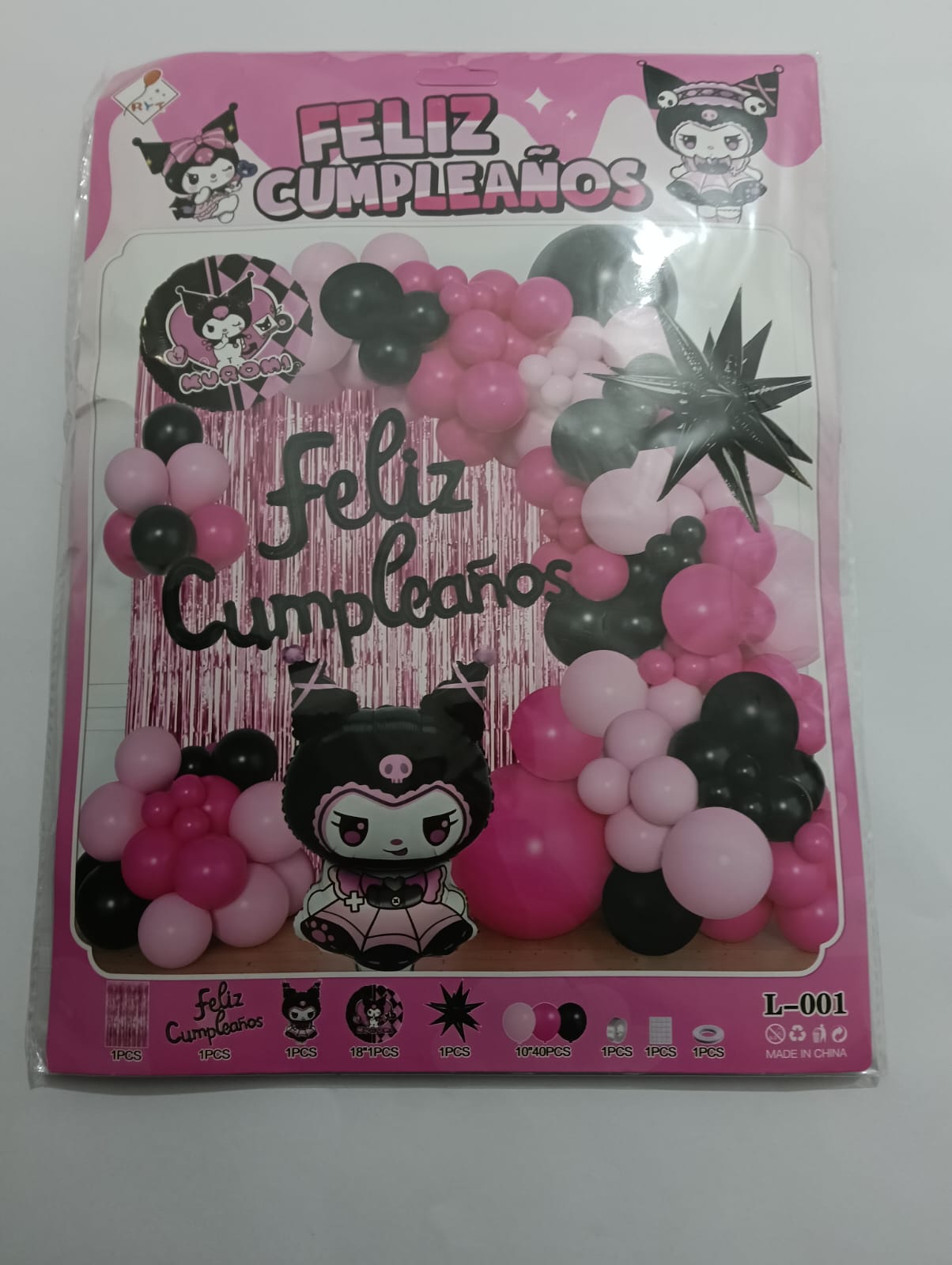 KUROMI ARCO COMPLETO FELIZ CUMPLEAÑOS PERSONAJE (ROSA, MORADO, NEGRO)