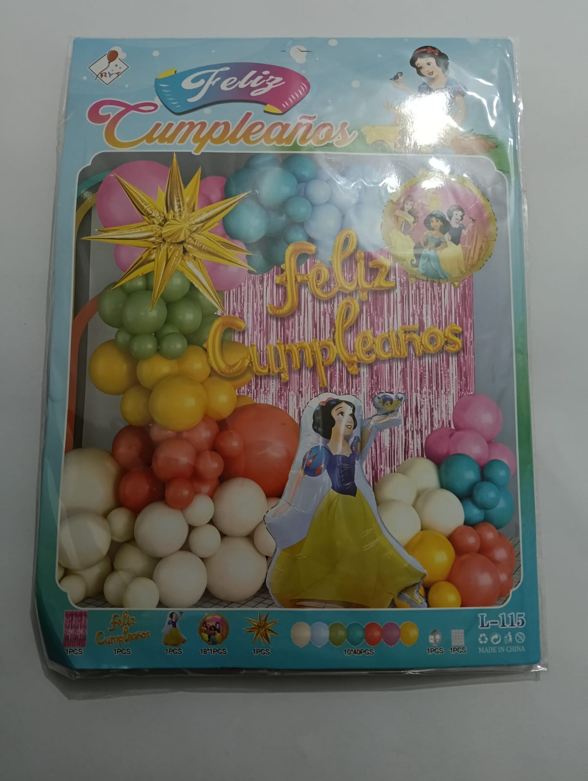 BLANCANIEVES ARCO COMPLETO FELIZ CUMPLEAÑOS PERSONAJE (VERDE, AMARILLO, BLANCO, ROSA, NARANJA)