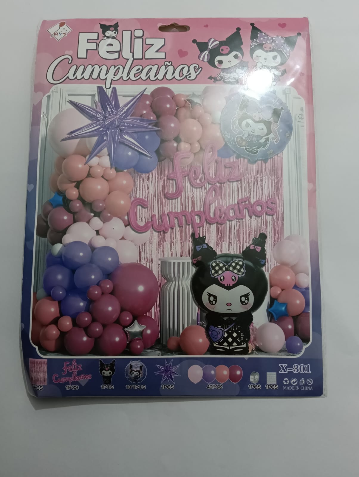 KUROMI ARCO COMPLETO FELIZ CUMPLEAÑOS PERSONAJE (MORADO, ROSA)