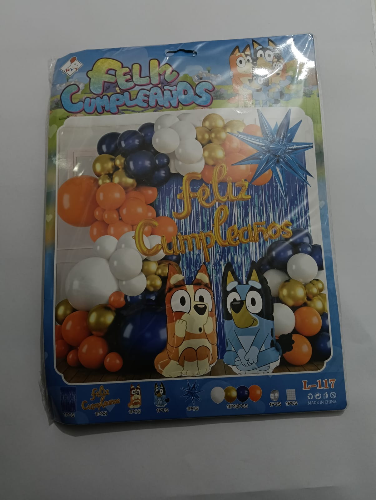 BLUEY ARCO COMPLETO FELIZ CUMPLEAÑOS PERSONAJE (NARANJA, AZUL, BLANCO)