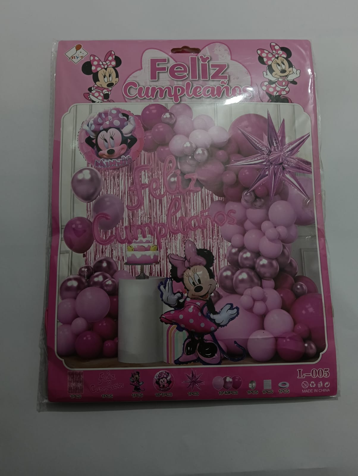 MINNIE ARCO COMPLETO FELIZ CUMPLEAÑOS PERSONAJE (ROSA, ROSA ORO)