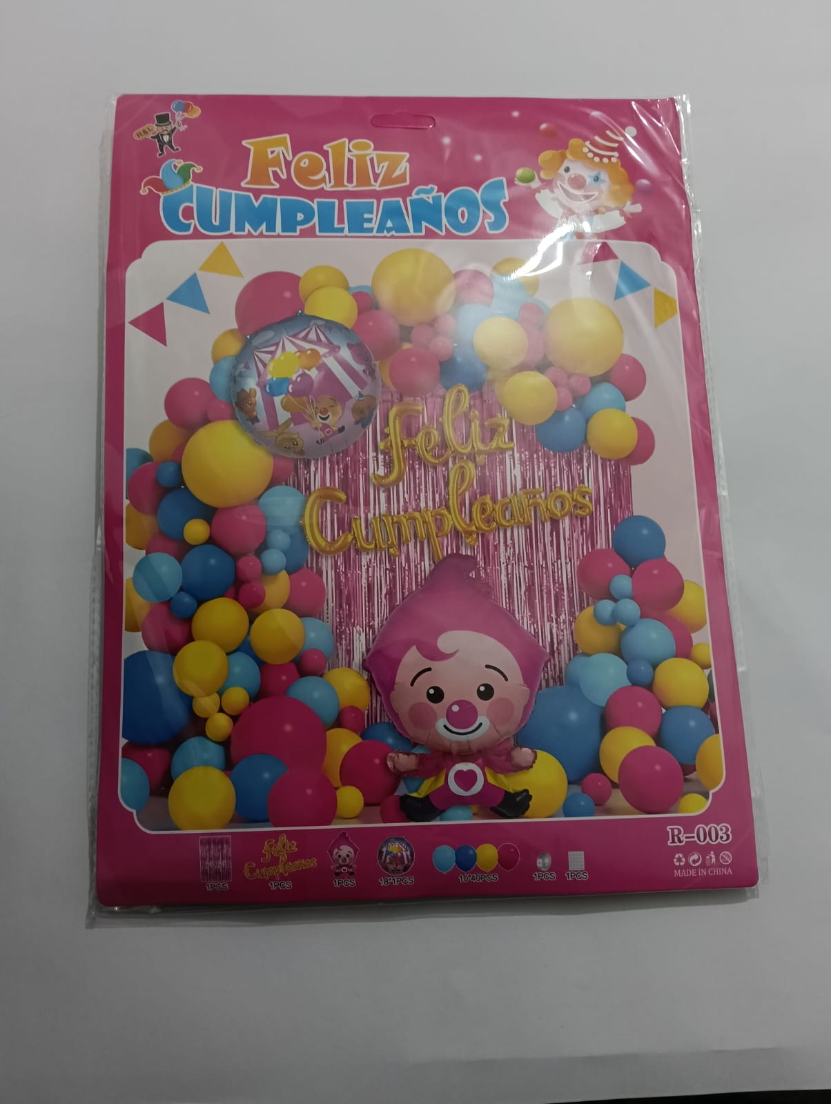 PLIM PLIM ARCO COMPLETO FELIZ CUMPLEAÑOS PERSONAJE (AMARILLO, AZUL, ROSA)