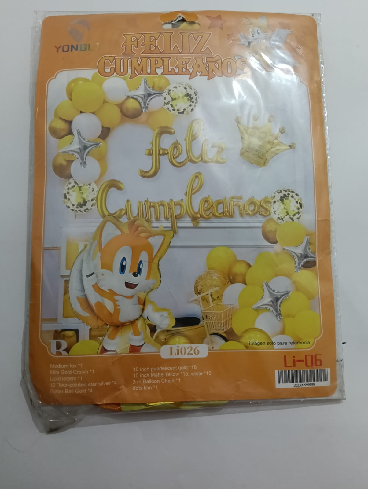 ARCO COMPLETO TAILS SONIC FELIZ CUMPLEAÑOS  (NARANJA, BLANCO)