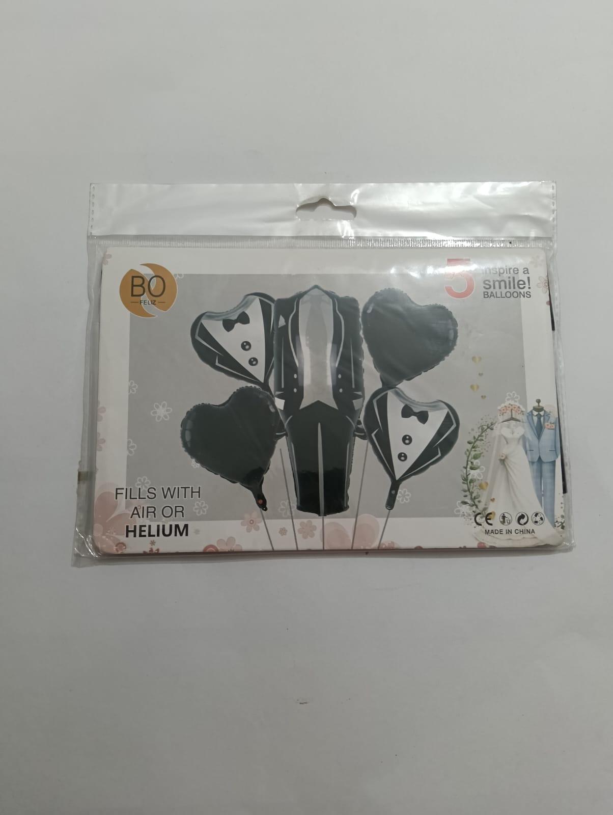 BODA SMOKING NEGRO CABALLERO SET 5 GLOBOS METÁLICOS
