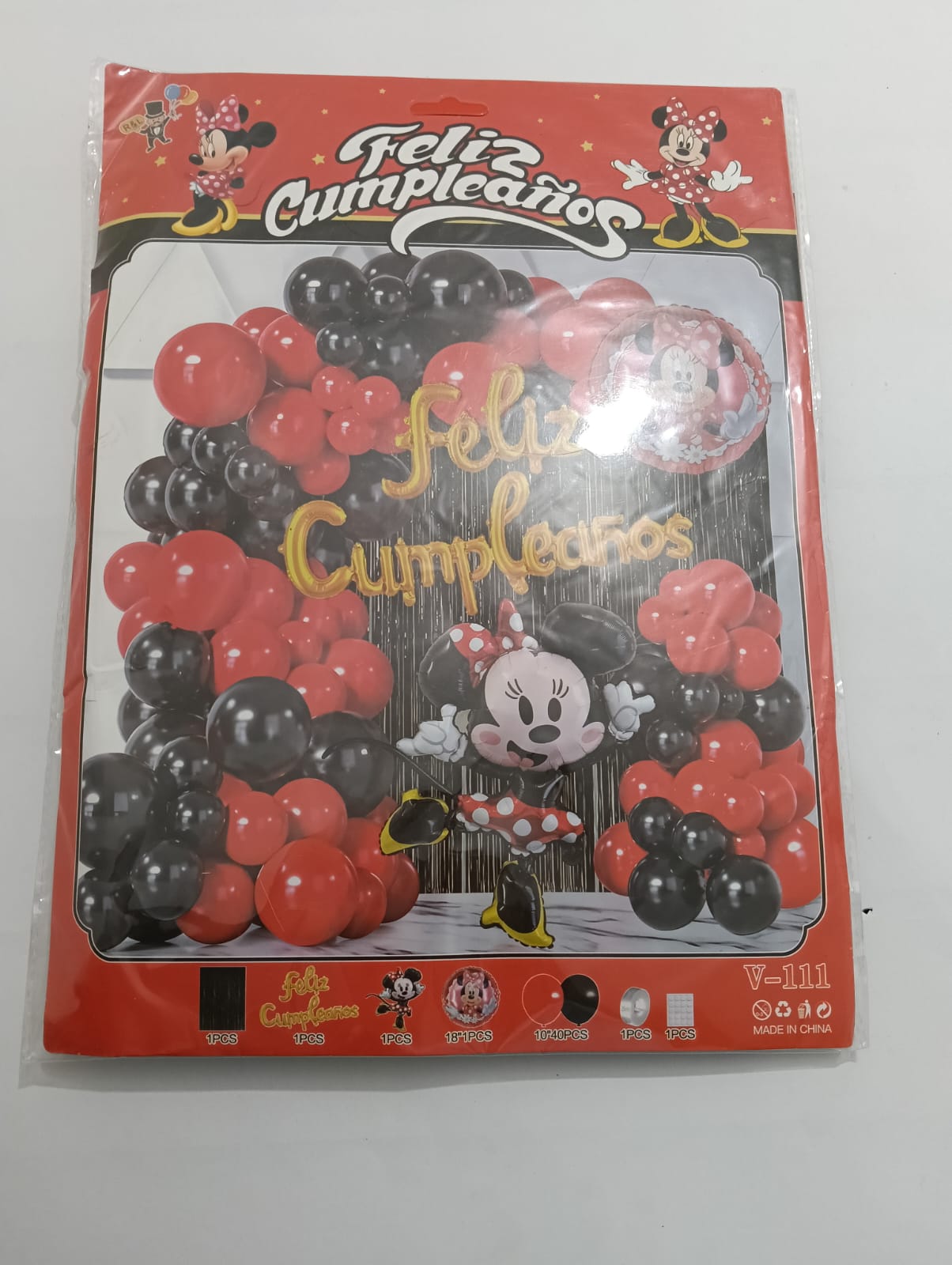 MINNIE MICKEY MOUSE ARCO COMPLETO FELIZ CUMPLEAÑOS (ROJO, NEGRO)