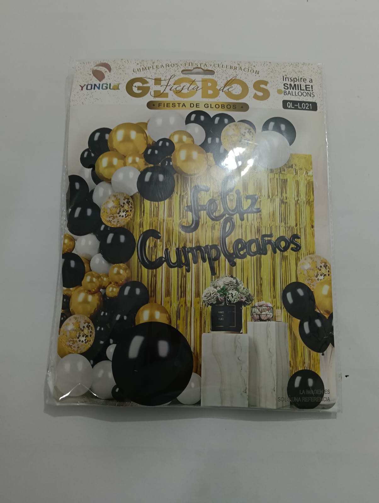 ARCO COMPLETO FELIZ CUMPLEAÑOS (NEGRO, DORADO ,BLANCO