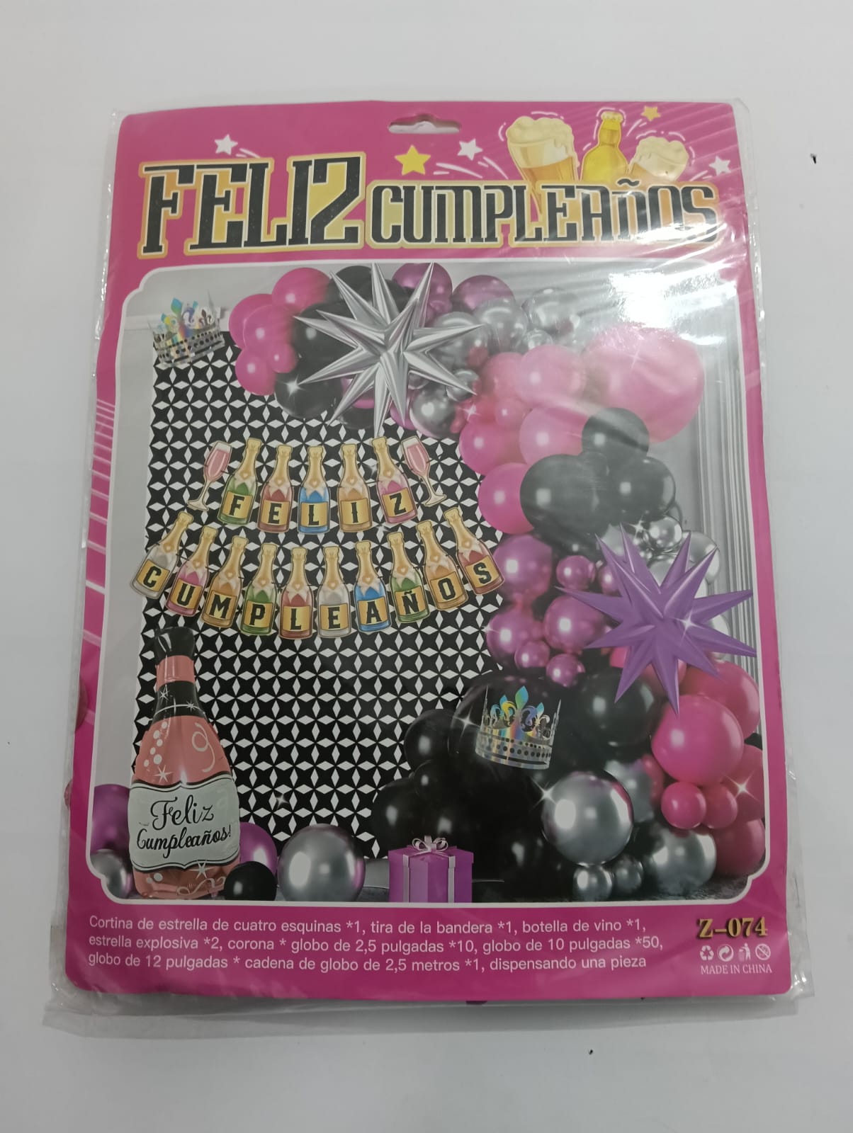 BOTELLA ARCO COMPLETO FELIZ CUMPLEAÑOS (ROSA, MORADO, NEGRO)