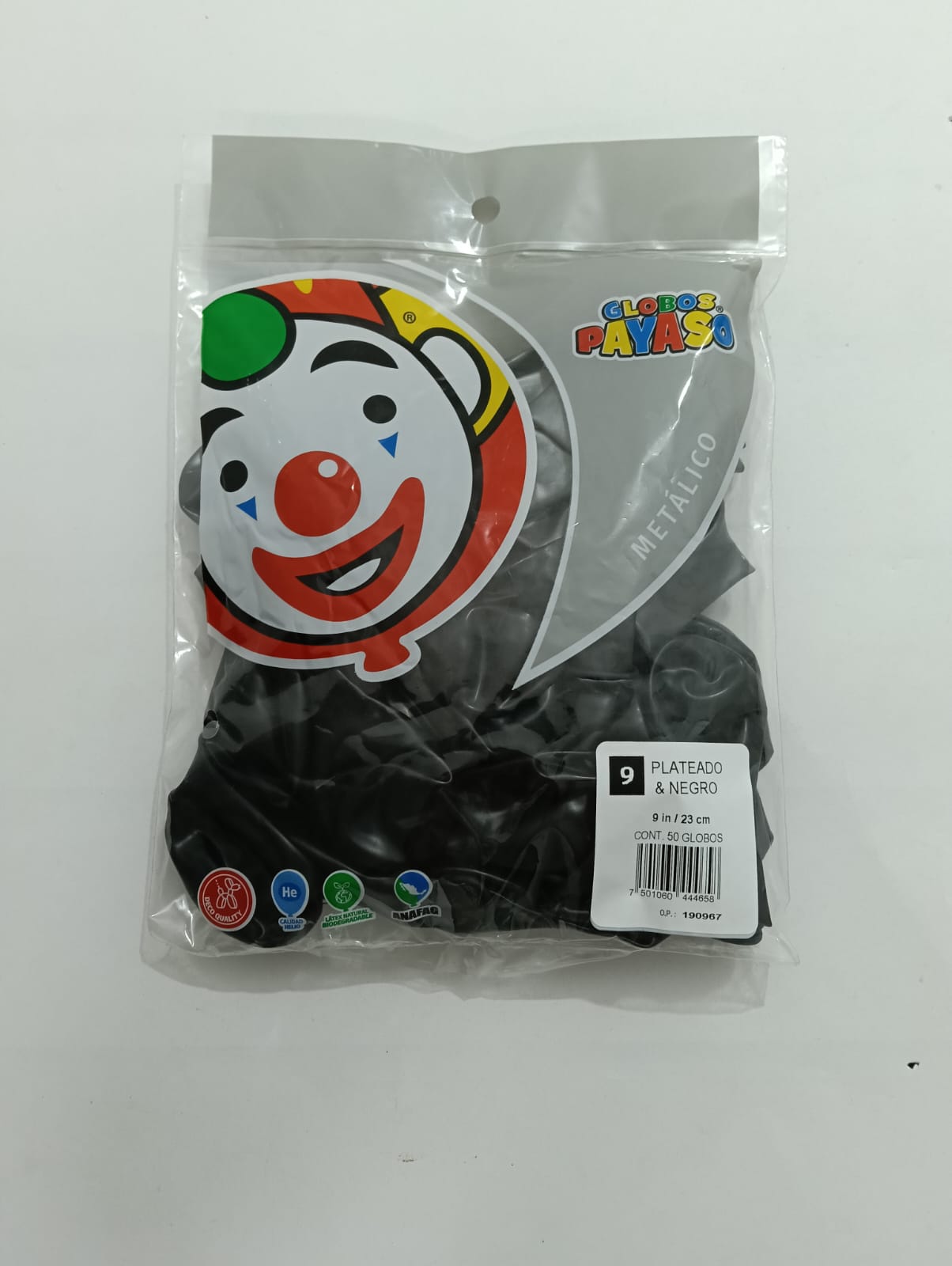 GLOBO PAYASO #9 PLATEADO Y NEGRO  METÁLICO 50 PZAS