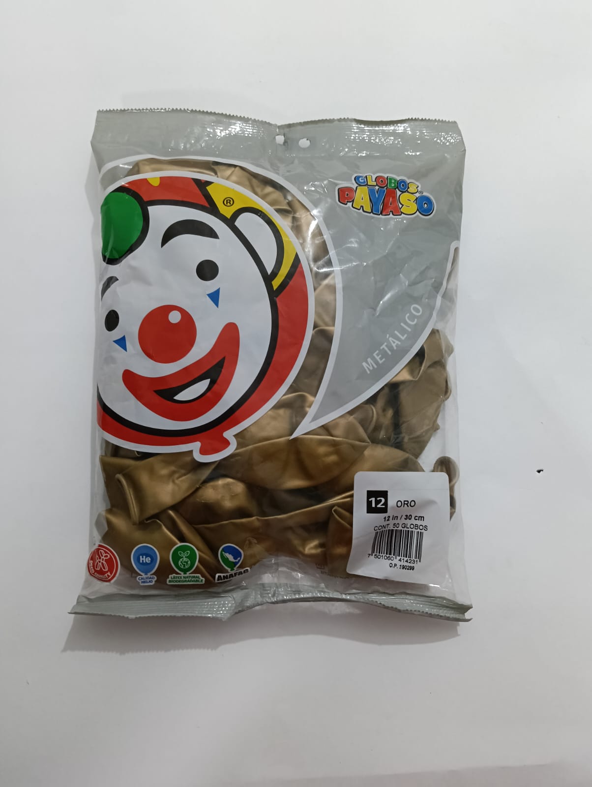 GLOBO PAYASO #12 METÁLICO ORO 50 PZAS