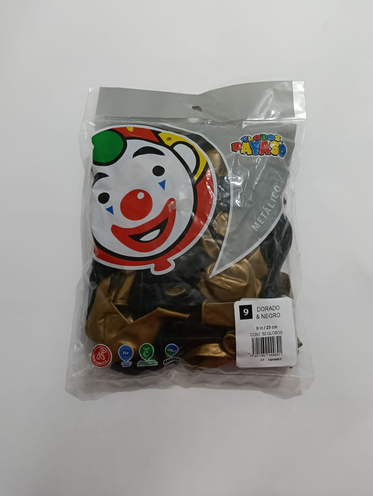 GLOBO PAYASO #9 METÁLICO DORADO Y NEGRO 50 PZAS