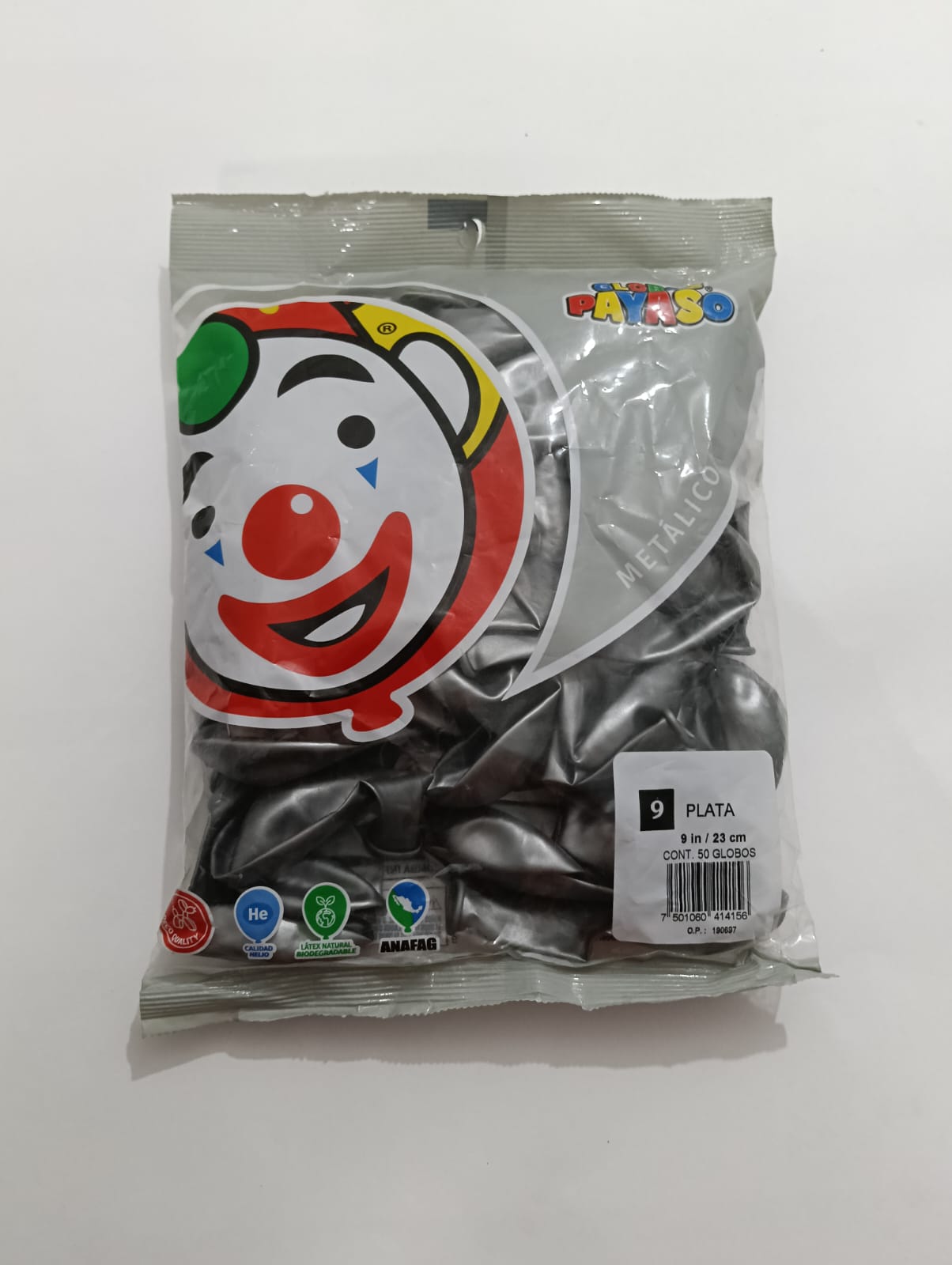 GLOBO PAYASO #9 METÁLICO PLATA 50 PZAS