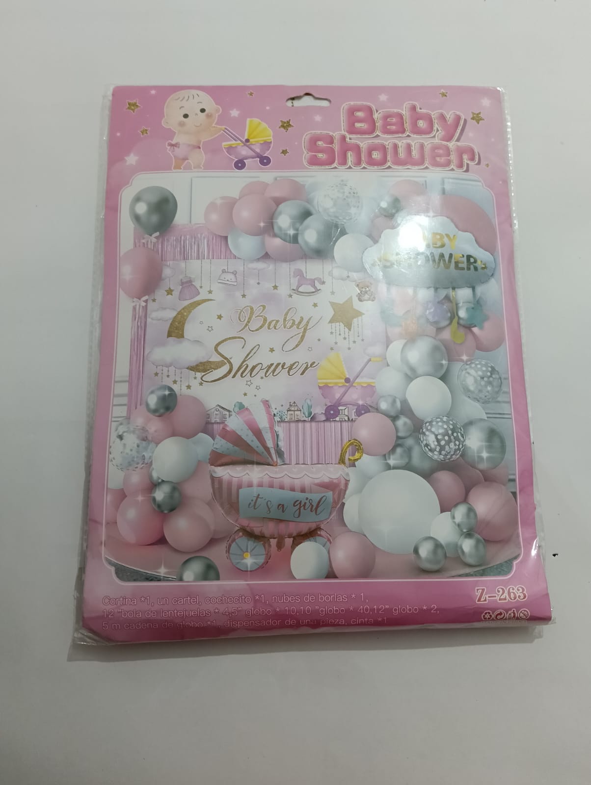 BABY SHOWER ARCO COMPLETO  (ROSA, PLATA BLANCO)