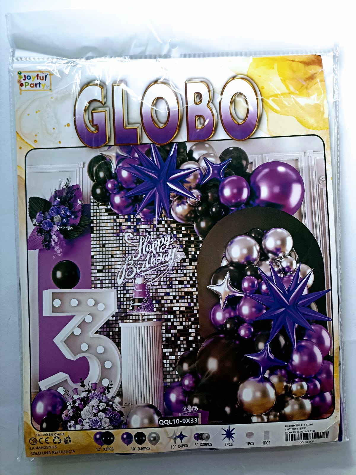 ARCO COMPLETO HAPPY BIRTHDAY FELIZ CUMPLEAÑOS  (PLATA,MORADO,NEGRO)