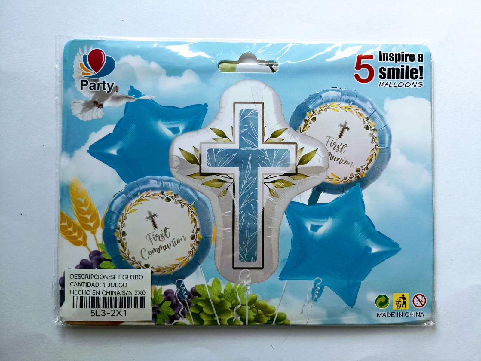 PRIMERA COMUNION CRUZ SET DE 5 GLOBOS METALICOS