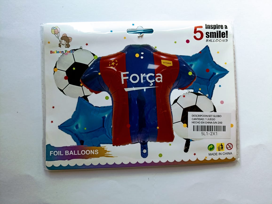 BARCELONA FUTBOL CAMISA  SET DE 5 GLOBOS METALICOS