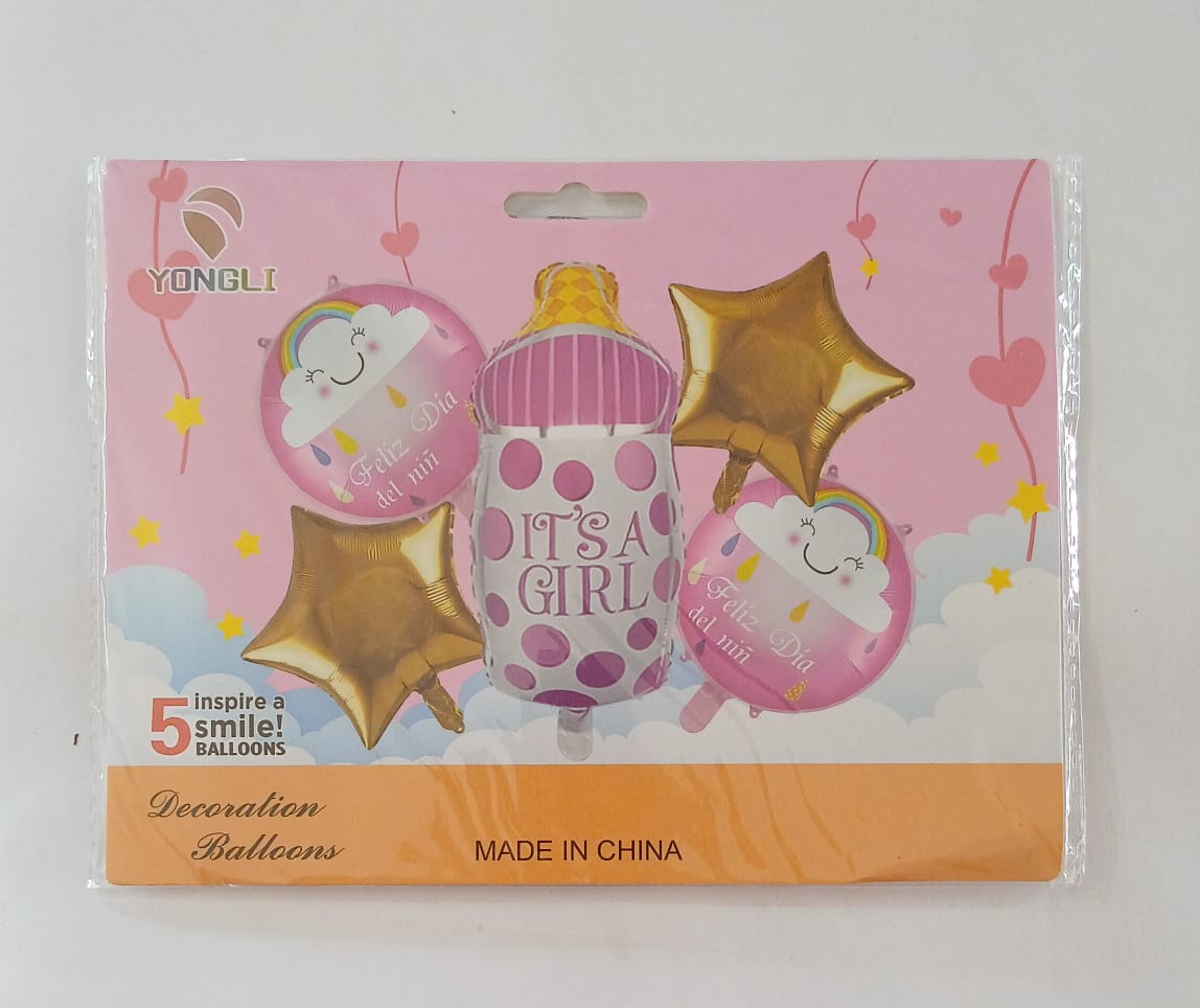 BABY SHOWER NIÑA BIBERON SET DE 5 GLOBOS METALICOS
