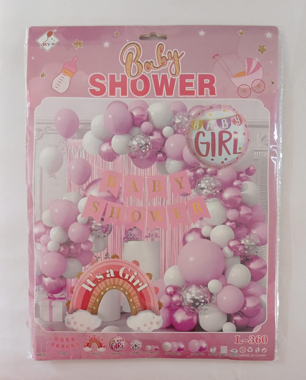 ARCO COMPLETO BABY SHOWE NIÑA ARCORIRIS (ROSA,ROSA PASTEL,PLATA)