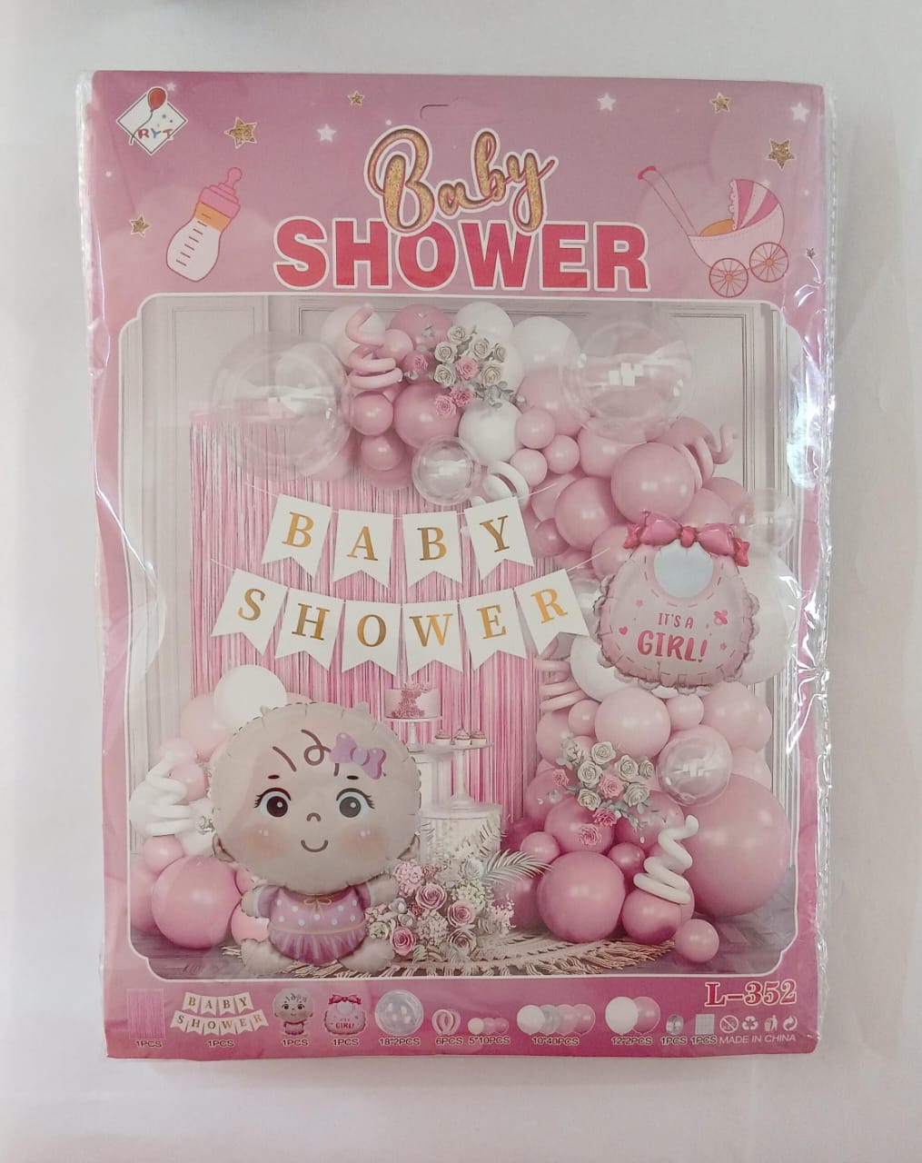 ARCO COMPLETO BABY SHOWER NIÑA CARA (ROSA,ROSA PASTEL,BLANCO)