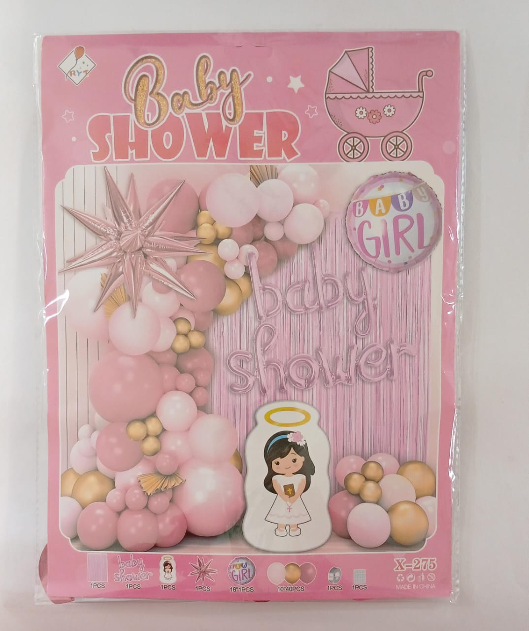 ARCO COMPLETO BABY SHOWER NIÑA ANGEL  (DORADO,ROSA,ROSA PASTEL)