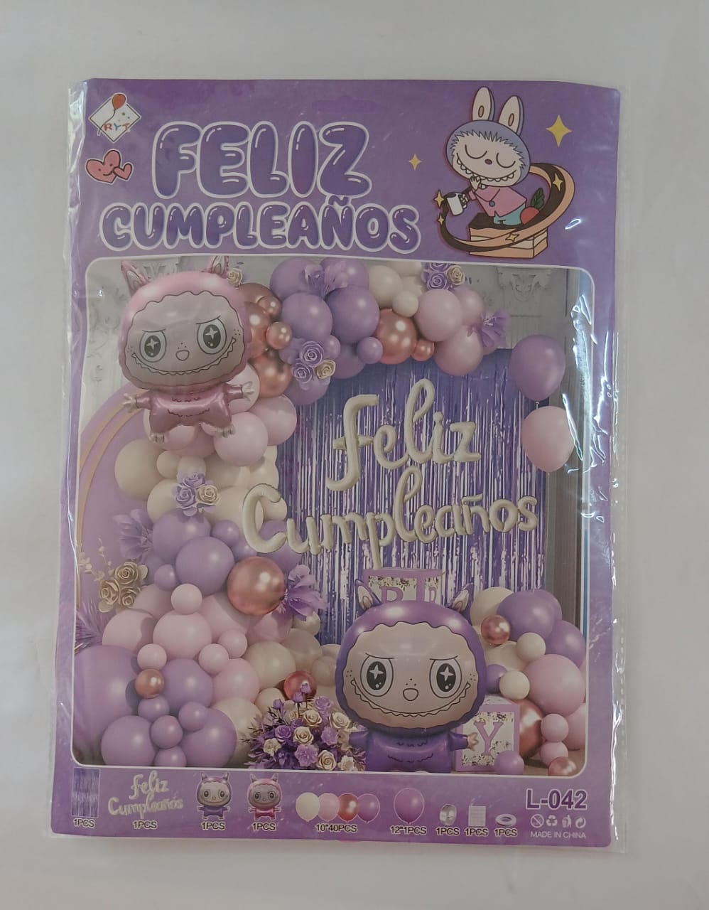 LABUBU ARCO COMPLETO FELIZ CUMPLEAÑOS (LILA,ROSA,DORADO)