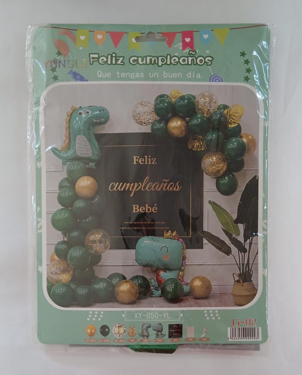 DINOSAURIO ARCO COMPLETO FELIZ CUMPLEAÑOS BEBE (VERDE, DORADO)